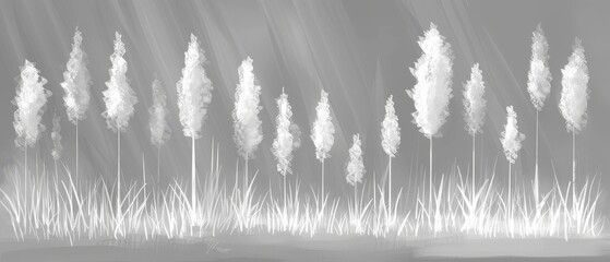   A striking monochrome image captures a serene landscape featuring tall blades of grass swaying gently in front of a tranquil body of water, framed by the majestic exp - obrazy, fototapety, plakaty