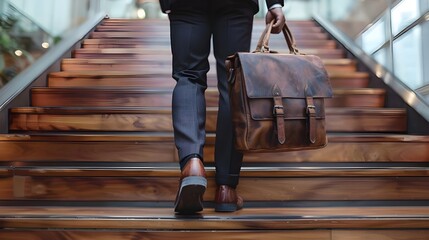 Close up confidential businessman in suit holding bag walk to success on stair, development and leader in business concept, step up to achievement and goal concept Ai Generated - obrazy, fototapety, plakaty