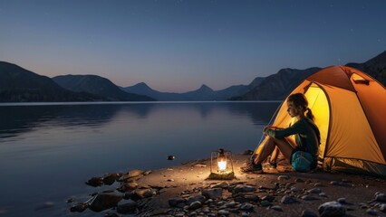 Sous le ciel étoilé, une jeune randonneuse se détend près du feu crépitant, réconfortée par le murmure paisible du lac. La nuit révèle sa beauté, offrant un répit bienvenu après une journée d'aventure - obrazy, fototapety, plakaty