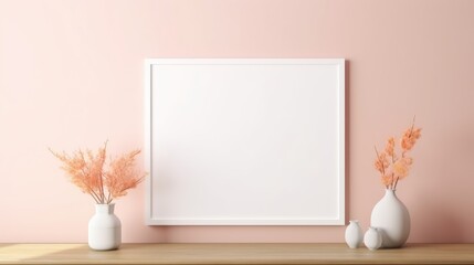 A mock-up of an empty wooden picture frame on a light wall background. A vase with flowers and leaves. The concept of advertising, a place for text.