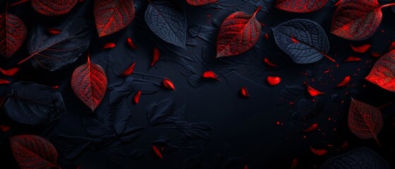  Black background with red leaves and water droplets