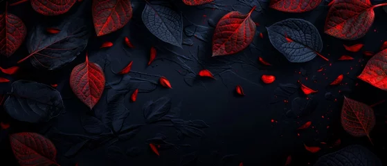 Crédence de cuisine en verre imprimé Papillons en grunge  Black background with red leaves and water droplets