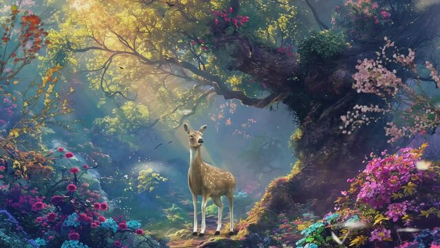 view of a deer with beautiful flowers in the forest, 4k time-lapse animation video 