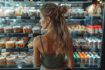A woman is browsing the food display shelf at the grocery store, admiring the cuisine on offer. Her electric blue dress contrasts with her sleek thigh and abdomen as she enjoys the shopping event - obrazy, fototapety, plakaty