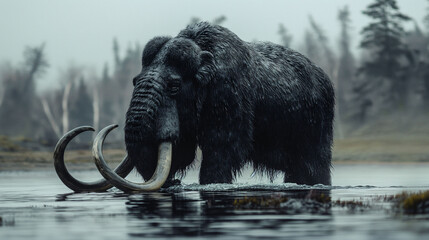 Black woolly mammoth walking in the river