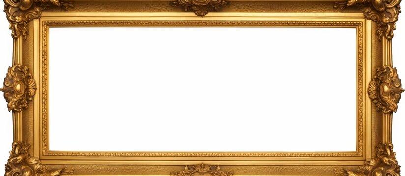 A rectangular gold picture frame with a white background, made of hardwood or plywood, featuring metal accents and a classic pattern design
