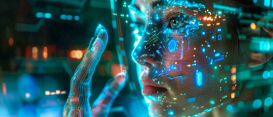 A woman's face is projected onto a screen, with a blue and green background, IA technology