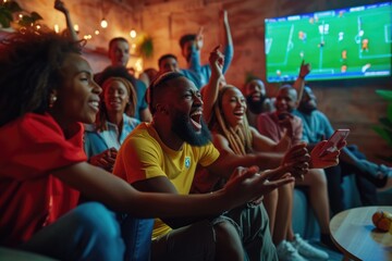 A lively group of friends is engulfed in excitement, celebrating a goal while watching a soccer game on TV at home. AIG41