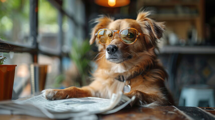 Humor. A dog with glasses reads the latest press. 