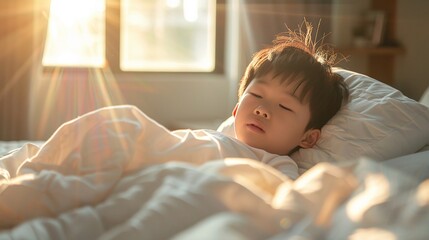 cozy bedroom scene with cute asian boy waking up on white bed
