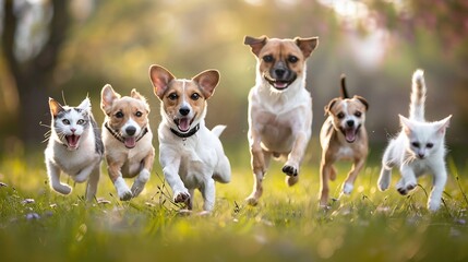 joyful running and jumping, cute funny dog and cat group happily playing in field, outdoor fun