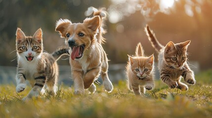 cute cat and dog companions joyfully running and playing in field, happy outdoor scene