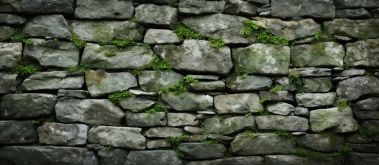 Detailed view of green moss thriving on the rough surface of a solid stone wall