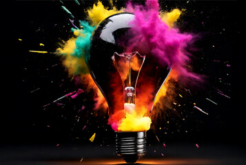 A creative light bulb explodes with colorful powder on a black background, a new idea, brainstorming concept
