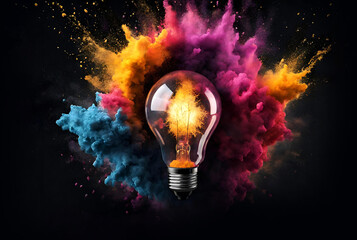 A creative light bulb explodes with colorful powder on a black background, a new idea, brainstorming concept
