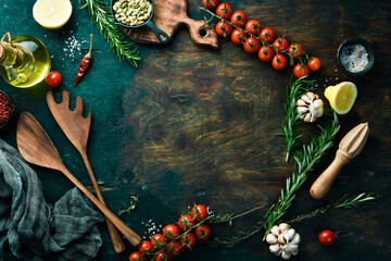 Cooking background. Fresh spices, rosemary and vegetables. Top view. Free space for text. - 766838488
