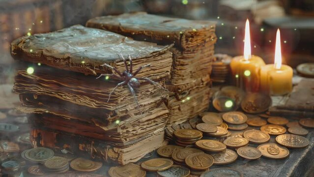 Old books with old coins on the table,candle, 4k time-lapse animation video background 