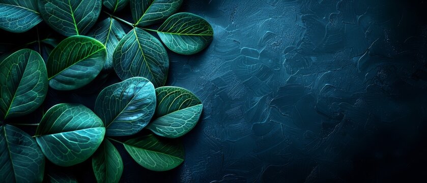   A green foliage image on a blue background provides an ideal canvas for text or graphics placement