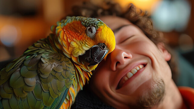 A parrot snuggles up to his owner's face, showing his affection. 