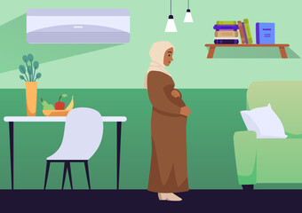 Vector flat illustration a pregnant young woman in a hijab enjoys the peace of home