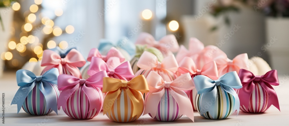Poster a collection of vibrant easter eggs with elegant bows adorn the table at a public event. the colorfu