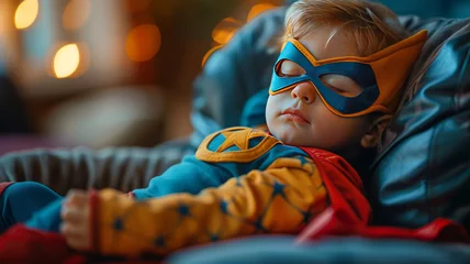 Deurstickers Humor. The little superhero was tired and fell asleep after a busy day.   © Сергей Шипулин