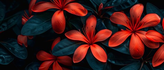   Close-up photo of red flowers with lush green foliage beneath and above petals - obrazy, fototapety, plakaty