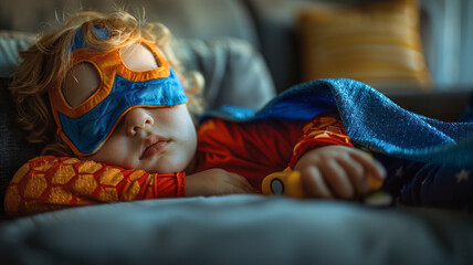 Obraz premium Humor. The little superhero was tired and fell asleep after a busy day. 