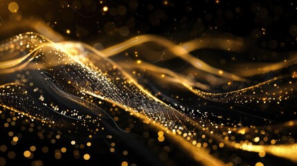 Golden shimmering waves with light effect isolated on black background. Glittering star dust trail. Abstract motion. Magic swirl lines.