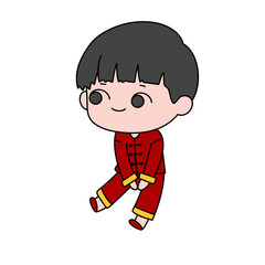 A cartoon boy in a red outfit is sitting on his knees