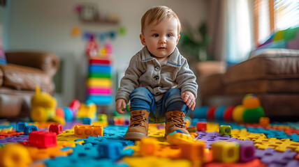 The child takes his first steps in comfortable shoes. 
