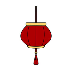 A red lantern with a gold trim hanging from a string