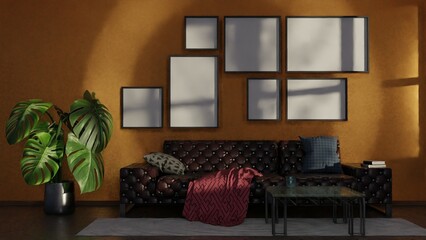 mockup of a room with sofa and free picture frames with shadows