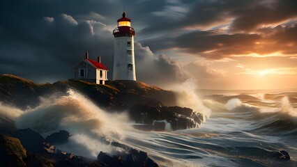 lighthouse in stormy sea with waves crashing at cliff