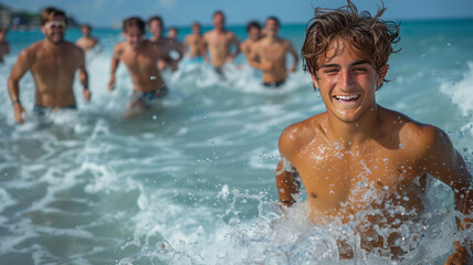 Teenagers swimming and having fun on the beach. 