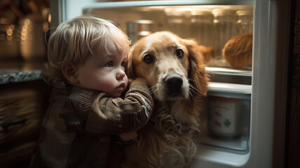 A small child with a dog near the refrigerator. Humor. Plan.