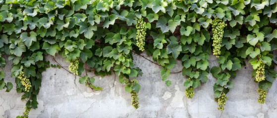   Green vine-covered stone wall with lush foliage growing vertically - obrazy, fototapety, plakaty