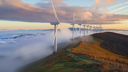 Majestic Wind Turbines: Harnessing Clean Energy on Rolling Hills - obrazy, fototapety, plakaty