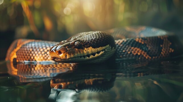 detailed closeup of a giant anaconda snake in the amazon river within the rainforest capturing the huge reptile and its natural habitat