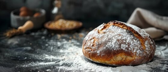   Powdered-sugar-covered table with bread, utensils nearby