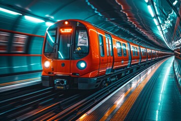 Naklejka premium Red tube train in motion, captured perspective of someone standing on one side as it passes. Background is blur with streaks and lines representing speed and movement.