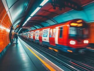Red tube train in motion, captured perspective of someone standing on one side as it passes. Background is blur with streaks and lines representing speed and movement.