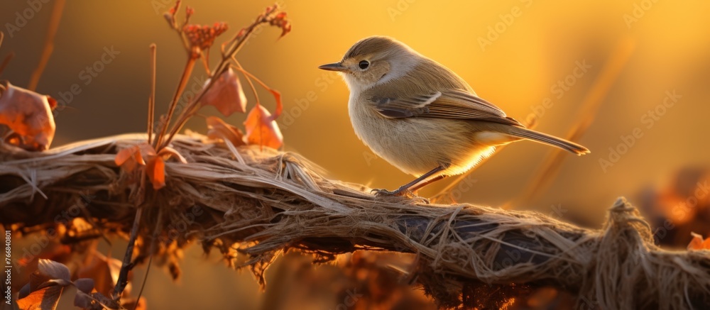 Poster a songbird with colorful feathers perched on a twig, its tiny beak open in a beautiful melody. the i