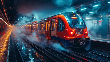 Red tube train in motion, captured perspective of someone standing on one side as it passes. Background is blur with streaks and lines representing speed and movement. - obrazy, fototapety, plakaty