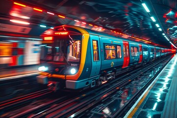 Red tube train in motion, captured perspective of someone standing on one side as it passes....