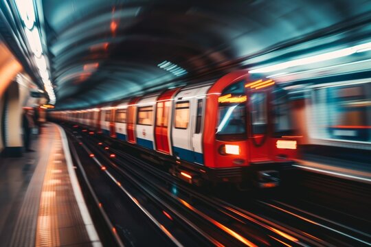 Red tube train in motion, captured perspective of someone standing on one side as it passes. Background is blur with streaks and lines representing speed and movement.