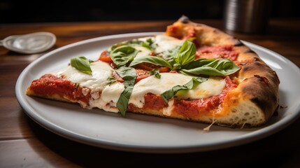 Gros plan sur une part de pizza Margherita sur assiette blanche
