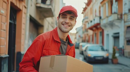 courier service with delivery man in red cap, holding a box near van truck, delivering to home, smiling postal worker handling package delivery