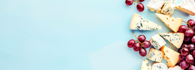 Pieces of cheese in the assortment and red grapes lie on the blue background of the banner. - obrazy, fototapety, plakaty