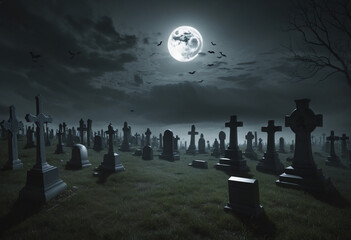 Halloween day concept. Cemetery or graveyard in the night with dark sky. Haunted cemetery. Spooky and creepy burial ground. Horror scene of graveyard. Funeral concept. Halloween day background colorfu - obrazy, fototapety, plakaty